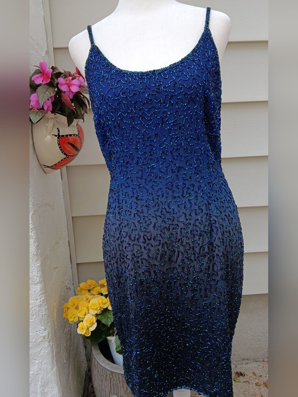 Formal shades of blue sequence beeded dress -- size 6. Like New.